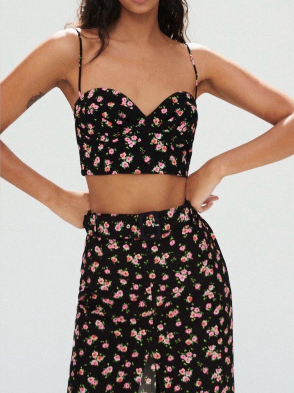 Zara Black Cropped Bustier Top with Pink Floral Print - Picture 5 of 5